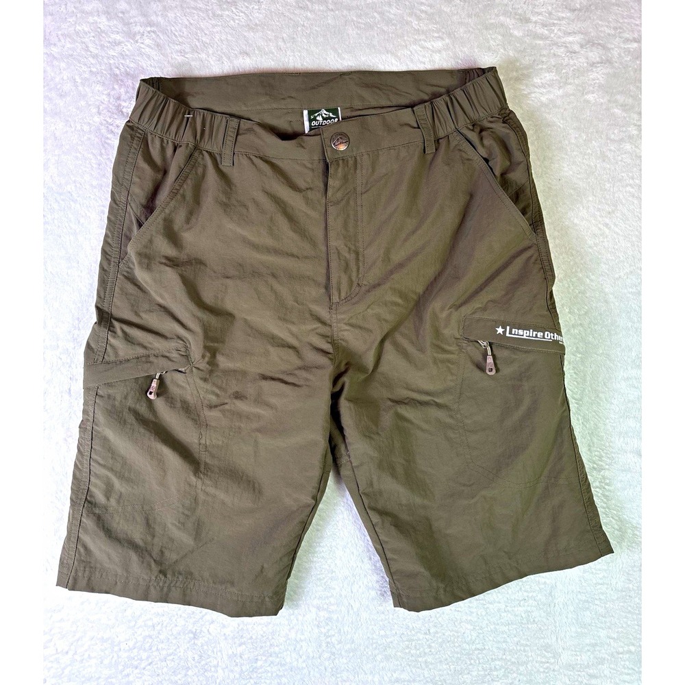 Outdoor Mens Green Ripstop Cargo Shorts Zip Pockets 10 Inseam L hiking